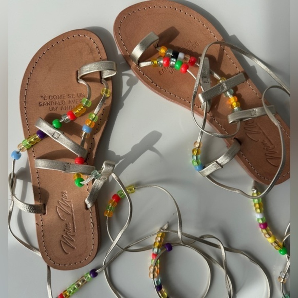 Mir Mar Italian Handcrafted Beaded Leather Wrap Sandal Size 37 / US 7
